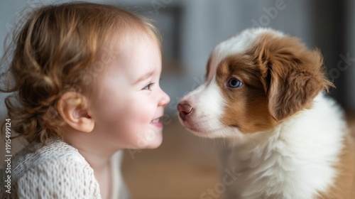 Labrador puppy with children, A smiling toddler and a brown-and-white puppy gaze at each other, sharing a tender and joyful moment indoors.
