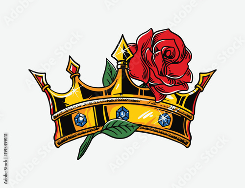 Crown with Rose Tattoo Style Illustration
