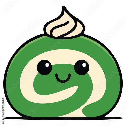 Kawaii matcha roll cake with creamy swirls vector illustration