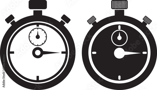 Two black and white stopwatch icons, one classic and one modern, representing time, speed, measurement, and competition