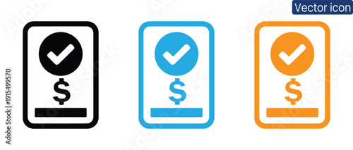 Set of dollar sign approval icons in black, blue, and orange