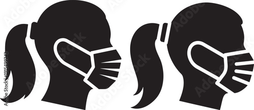 Two black silhouette profiles of female heads wearing face masks, representing health, protection, and safety measures