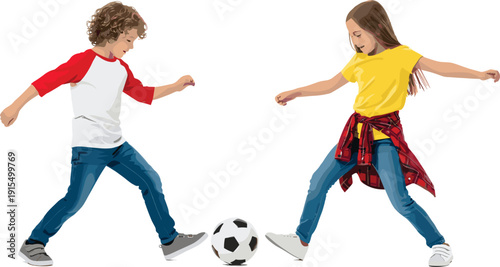 Two young children boy and girl playing soccer together outdoors active kids kicking a football for sports and healthy lifestyle vector illustration.