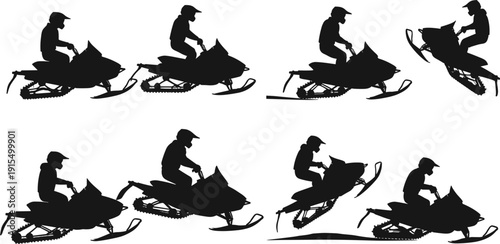 Snowmobile rider silhouette set, extreme winter sports action icons, motorized sled jumping and racing poses, outdoor mountain adventure vector illustration on white background.