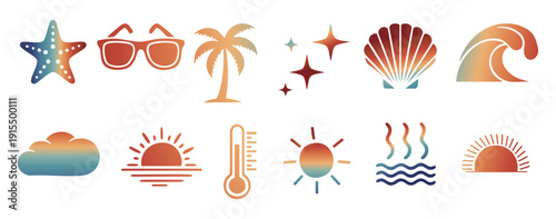 Colorful summer icons including starfish sunglasses palm tree shell wave sun cloud thermometer isolated on white background Video