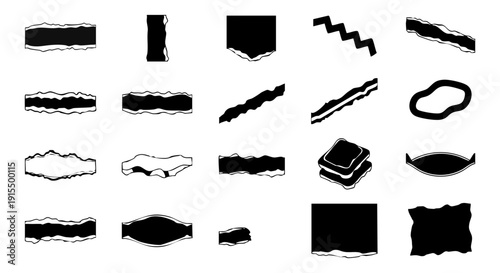 Collection of various torn paper edges and ripped paper shapes in black color on white background Video