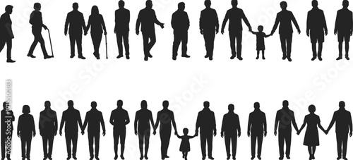 Human life stages silhouettes flat vector illustration showing children, adults, elderly, family connections, aging, walking, standing, holding hands