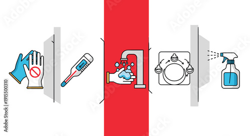 Set of essential hygiene and safety icons for disease prevention, showing hand washing, temperature check, sanitizing, and proper glove use.