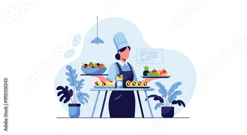 Professional female chef in a blue uniform proudly presenting a beautiful spread of healthy food, including fresh fruit and tasty wraps.