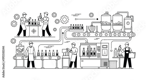Detailed black and white line art illustration showing the entire beverage production and bottling process on a factory assembly line.