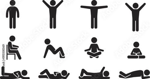 Human posture silhouettes flat vector illustration showing people standing, sitting, lying down, meditating, stretching, exercising, relaxing, diverse positions