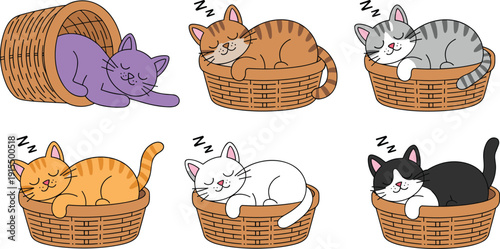 Cartoon-style sleeping cats in wicker baskets, symbolizing relaxation, cuteness, pets, and cozy lifestyle
