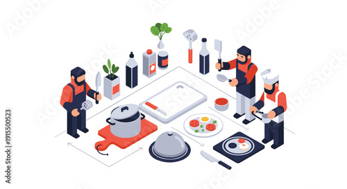 Isometric illustration of a professional kitchen with three chefs working together, surrounded by cooking utensils, ingredients, and prepared dishes.