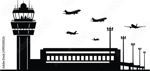 Airport Control Tower and Airplane Silhouette Featuring Terminal Building Runway and Aircraft Vector Illustration Design