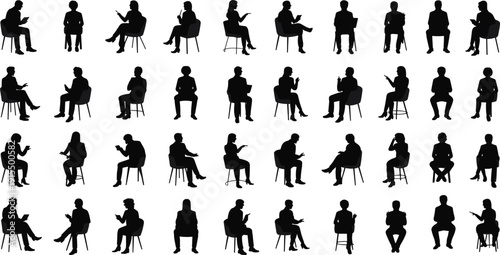 Mobile device usage silhouettes flat vector illustration showing diverse people sitting on chairs, browsing smartphones, texting, leaning, crossing legs