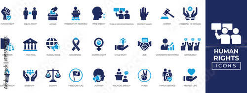 Human Right icon set. Containing freedom, cooperation, democracy, justice, law, support, and more. Solid vector Icon Collection.