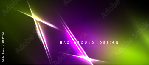 Abstract background features vibrant neon lines, gradients. Purple, green hues dominate design, creating dynamic visual effect.