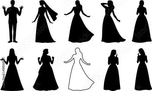 Collection of diverse silhouette figures of women in elegant gowns and one man isolated on white