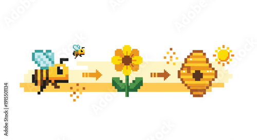 A cute pixel art infographic illustrates the process of honey production, from a bee collecting pollen from a sunflower to a full beehive.