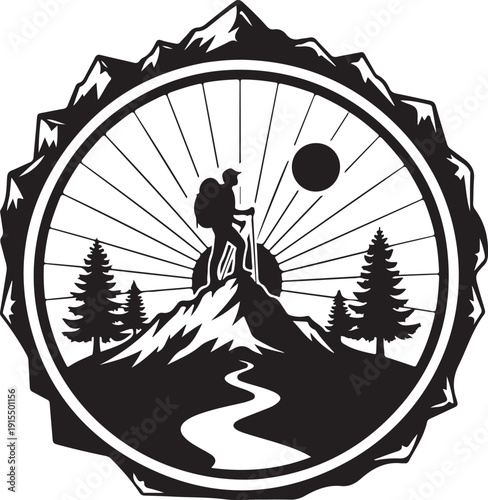 Cyclist on mountain peak with bicycle and trees in circular scenic landscape illustration