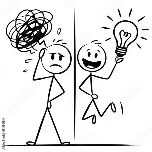 Brainstorming concept with light bulb and stick figure vector design