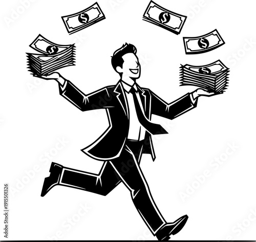 Wealth on the Run: An illustrated businessman joyfully juggles stacks of cash in a dynamic display of financial prosperity and success, symbolizing wealth and abundance.