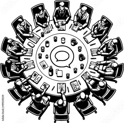 Boardroom Council: A gathering of business professionals collaboratively strategizing around a circular conference table, engaged in decision-making and project planning.