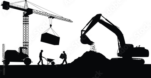 Construction site silhouette with tower crane lifting load, excavator dumping soil, and workers with wheelbarrow, industrial building process isolated on white background.