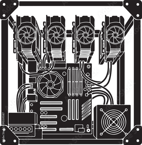 Black and white of a computer motherboard with four cards