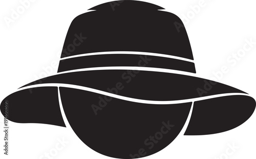 Flat black hat icon with wide brim and ribbon detail isolated on white