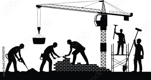 Construction site silhouette with workers building brick wall, tower crane lifting materials, scaffolding laborers, industrial building process, heavy equipment and civil engineering teamwork.