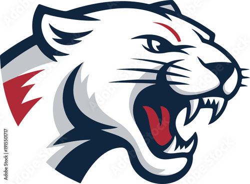 A stylized logo design of a roaring white tiger head with aggressive features.