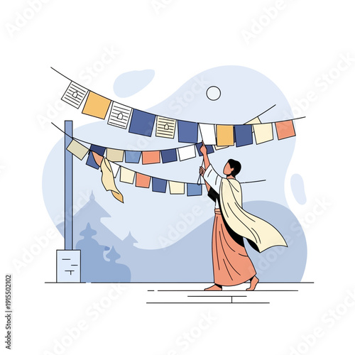 Spiritual Prayer Flags Hung High By A Monk In Peaceful Serene Mountain Scenery