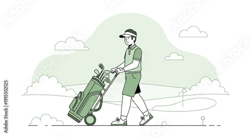 Sporting Lifestyle Golfer Pushing Cart Through Scenic Golf Course Landscape