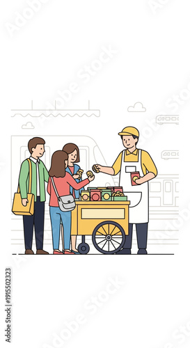 Street Vendor Serving Customers Delicious Food From A Cart