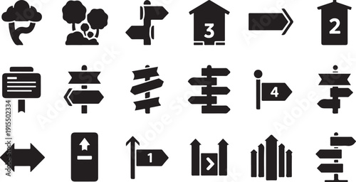 Collection of various black directional and informational signs icons
