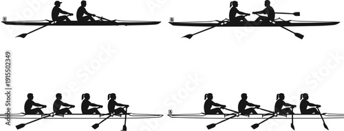 Rowing silhouettes set with athletes in sculling boats and team racing shells during competition isolated on white background for sports design