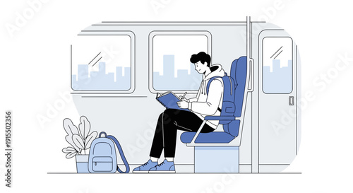 Student Commuting On Public Transport Engaged In Study Or Creative Work