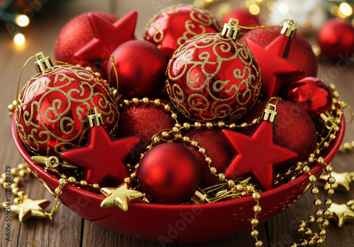 A close-up view of a red bowl brimming with festive red and gold christmas ornaments, including glittery stars and intricate baubles, set against a warm bokeh background.