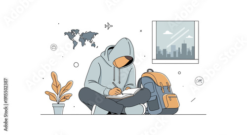 Student Planning Adventures With World Map and Backpack On Floor