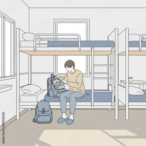 Student Packing Backpack in Dormitory Bunk Bed Room Scene