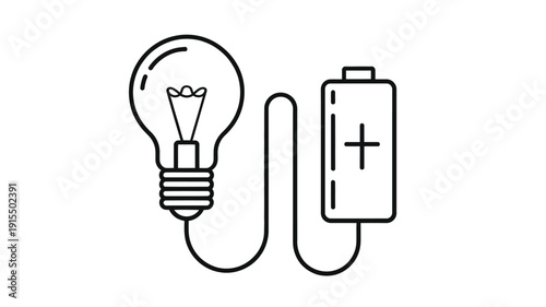 Line drawing depicting an illuminated lightbulb connected to a battery