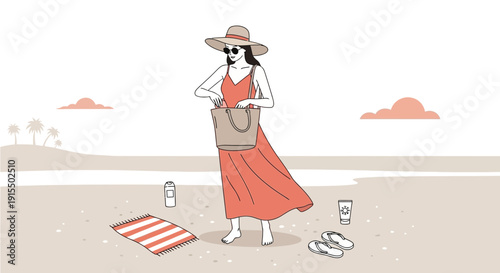 Stylish Woman Enjoying Summer Beach Vacation Preparation And Relaxation