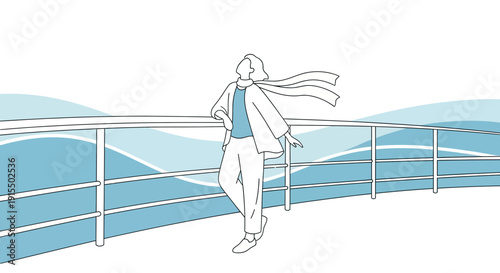 Stylish Woman With Flowing Scarf On Cruise Ship Deck Enjoying Scenic View