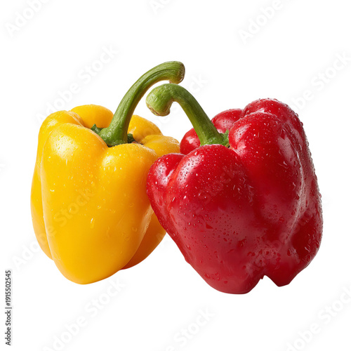 PNG of Vibrant yellow and red bell peppers, fresh and glistening, ready for culinary use.