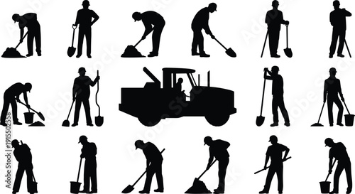 Construction worker silhouettes with shovel, bucket and tools, road roller machine operator, manual labor set, building site concept isolated on white background.