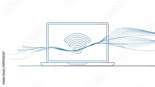 Laptop displaying a wifi signal with flowing lines representing data transmission