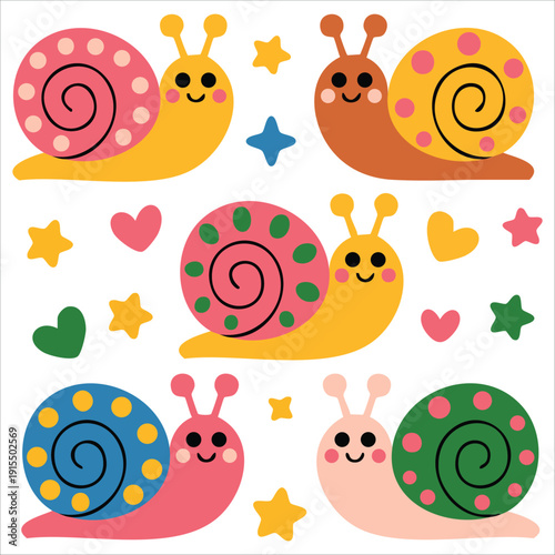 Colorful snails with hearts and flowers vector design