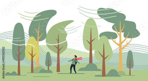 Stylized Person Walking Through A Windy Forest With Trees Swaying