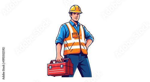 Construction Worker with Toolbox Standing.